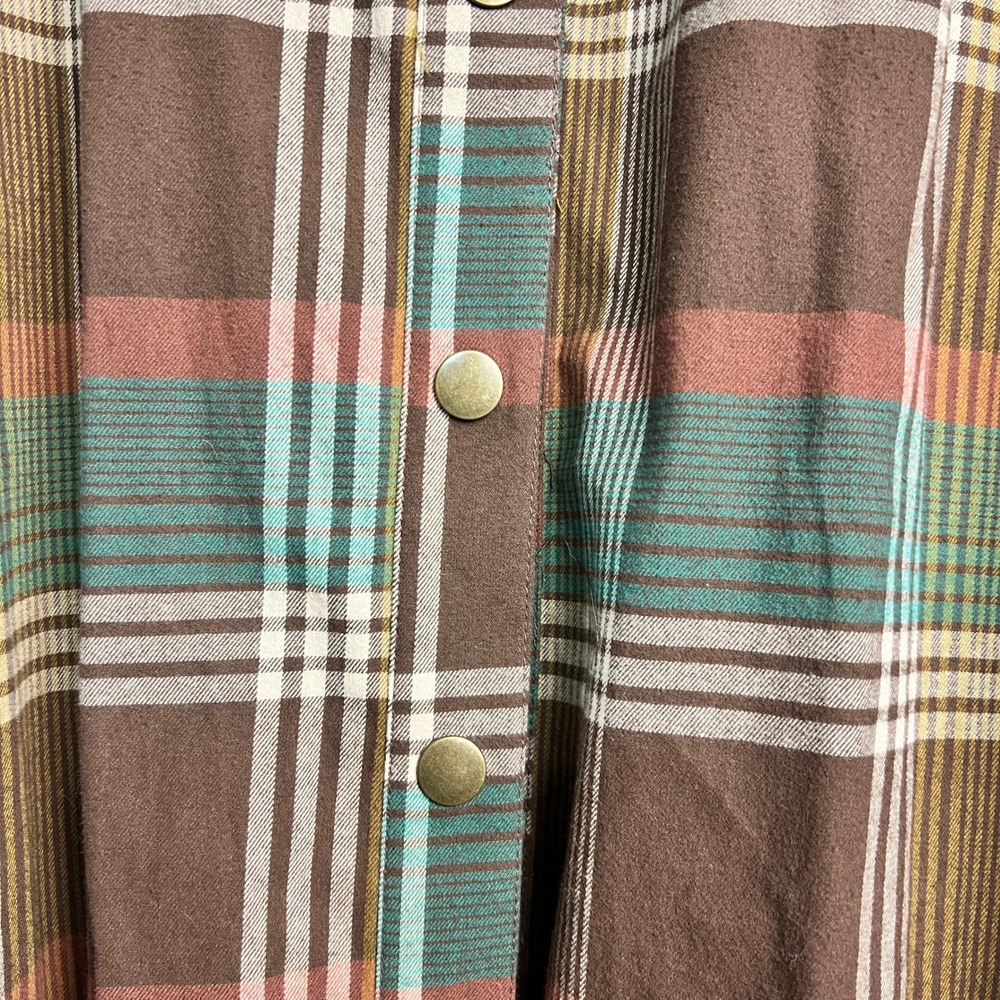 Cato Plaid‎ Western Fringe Shirt Jacket Shacket Heavyweight XL Brown Green Style - Picture 3 of 12